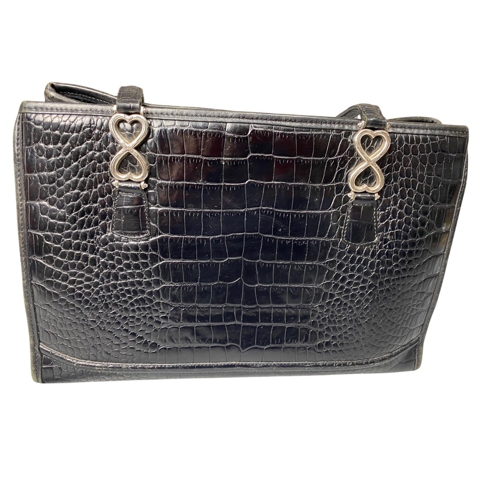 Brighton Black Croc Embossed Leather Tote Bag Heart Hardware A508685
